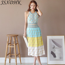 JSXDHK Runway Summer Knitted Long Dress Women Sleeveless Print Geometric Plaid Vest Sweater Dress Vintage Bright Silk Vestidos 2024 - buy cheap