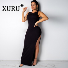 XURU-vestido Sexy de verano para mujer, Color sólido, un botón, espalda abierta, espalda con personalidad, cinturón de Metal, vestido sin mangas dividido 2024 - compra barato