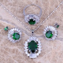 Conjuntos de joias banhados a prata za branca zircônia cúbica verde, brincos, pingente, tamanho 6 / 7 / 8 / 9 / 10 s0069 2024 - compre barato