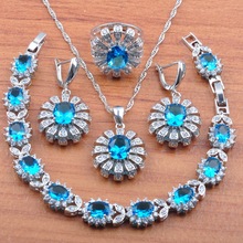Elegant Sky Blue Crystal Wedding Jewelry Sets Women Costume 925 Silver Earrings Necklace Rings Bracelet Party Gifts JS0471 2024 - buy cheap