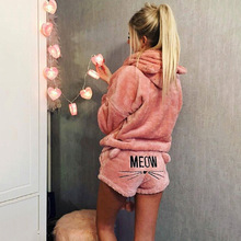 Outono feminino 2 pçs conjuntos de pijama manga longa dos desenhos animados animal hoodies coral veludo shorts feminino terno 2020 inverno moda pijamas 2024 - compre barato