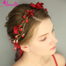 Girl Hair Wreath Vine Bridal Headpiece Tiara Red Flower With Pearl Accessories For Romantic Wedding Headband 2024 - buy cheap