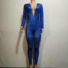 2019 Popular Blue Rhinestones Bodysuit Women Party Prom Sexy Jumpsuit Costume Stage Wear dance Nightclub Singer Leggings Outfit 2024 - buy cheap