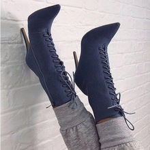 Spring 2019 Hot New Girls Solid Blue Black Stiletto Heels Pointed Toe Lace Up Front Sexy High Heels 100 mm Ankle Sort Boots Lady 2024 - buy cheap