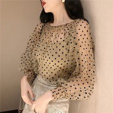 Blusa feminina de bolinhas com mangas lanterna, camiseta casual solta para mulheres com mangas e decote em o, primavera e verão, novo estilo, 2019 2024 - compre barato