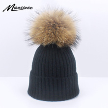 Boné de chapéu de pompon feminino outono inverno real pele pom pom pom skullies crochê macio sólido preto rosa cinza chapéus pom pom pom beanie chapéu osso 2024 - compre barato