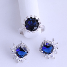 Lrregular Style Blue Crystal & Cubic Zirconia Silver Color Ring & Stud Earring Jewelry Sets for Wedding JS012 2024 - buy cheap