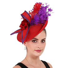 Party Cocktail Headpiece Elegant purple and red Feather Fascinator Wedding Bridal hairClip Hat for Lady Floral Pattern HeadWear 2024 - buy cheap