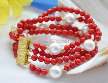 4row 8" 6mm red coral bead 12mm round white shell pearl bracelet 2024 - buy cheap