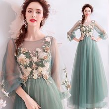 Smoke Green Prom Dress With illusion Long Sleeves 3D Flowers Appliques Full Length Fairy Vestidos De Formal Party Prom Gowns 2024 - buy cheap