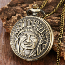 Bronze Ancient Indian Tribal Leader Carving Quartz Pocket Watch Full Hunter Fob Watches With Pendent Chain Necklace Best Gift 2024 - buy cheap