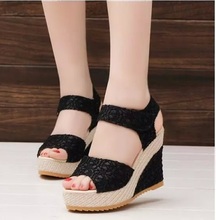 2019 Plus Size Bohemian Women Sandals Ankle Strap Straw Platform Wedges For Female Shoes Flock High Heels Cover Heel Sandal 2024 - buy cheap