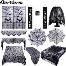 OurWarm реквизит для украшения на Хэллоуин, Черная кружевная занавеска с паутиной, скатерть для камина, летучая мышь, шарф, трик или лакомство, баннер для косплея 2024 - купить недорого