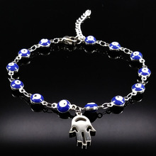2021 prata cor aço inoxidável corrente pulseira feminina azul hamsa mão mal olho pulseira jóias presente pulseiras femininas b9110s 2024 - compre barato