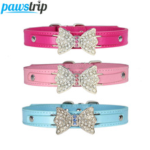 pawstrip 5 Size Pet Small Dog Collar Leather Bow Cat Collar Bling Rhinestone Puppy Collar Pomeranian Teddy Collar For Dogs 2024 - buy cheap