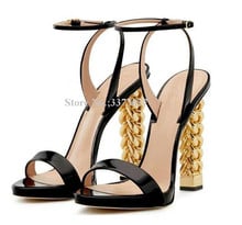 Patent Leather Metal Knitted Strange Heel Lady Sandals Unique Gold Heel Platform Dress Sandals Women Fashion Party Shoes 2024 - buy cheap