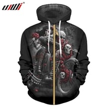 UJWI Zip Hoodies 2019 hombres de Rosa nuevo cráneo de la motocicleta 3D impreso Zip Hoodie hombre Fit Slim Fitness manga larga con capucha 2024 - compra barato