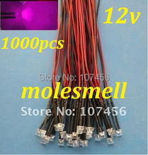 Free shipping 1000pcs 5mm Flat Top pink LED Lamp Light Set Pre-Wired 5mm 12V DC Wired 5mm 12v big/wide angle pink led 2024 - buy cheap