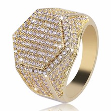 Hip Hop Bling Ice Out AAA Cubic Zirconia Men Ring Gold Silver Color Geometric Hexagon Rings Male Jewelry 2024 - buy cheap