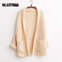 New 2020 Autumn and Winter Korean Knitted Women Cardigan Roll Sleeves Pocket Foreign Original Single Bat Long Sweater 2024 - buy cheap