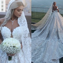 Великолепные арабские Свадебные платья Дубаи, кружевные Роскошные свадебные платья с длинным шлейфом и аппликацией, свадебное платье невесты, индивидуальный пошив, Vestido de noiva 2024 - купить недорого