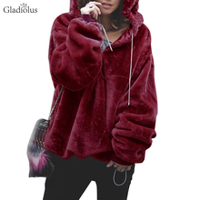 Gladiolus 2018 Autumn Winter Faux Fur Coat Women Long Sleeve Zipper Furry Loose Warm Hooded Jacket Women Coat Fashion Overcoat 2024 - buy cheap