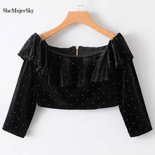 SheMujerSky Velvet Crop Top Womens Off Shoulder Tops and Blouses Polka Dot Long Sleeve Blouse 2024 - buy cheap