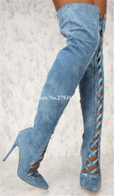 Женские сексуальные модные синие и белые джинсовые сапоги выше колена с острым носком на тонком каблуке, гладиаторские сапоги со шнуровкой и вырезами 2024 - купить недорого