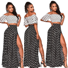 New Polka Dot White Crop Tops And High Split Loose Dress Slash Neck Off Shoulder Summer Dress High Waist Sun Dress S -XXL 2024 - buy cheap