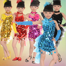 Vestido de dança latino, vestido de lantejoulas tamanho 100cm-160cm para crianças meninas vermelho preto amarelo azul amarelo salsa 2024 - compre barato