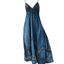 Vestido feminino 2022 novo verão denim vestidos swing hem vintage linho retalhos espaguete cinta vestido 2024 - compre barato