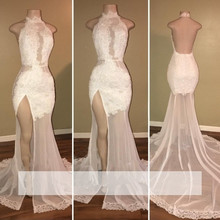 White Prom Dresses Mermaid Halter Appliques Lace Slit Sexy Party Maxys Long Prom Gown Evening Dresses Robe De Soiree 2024 - buy cheap