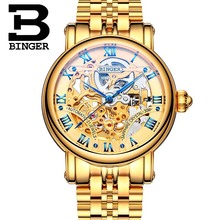 Binger relógio de pulso automático de luxo, relógio dourado de esqueleto, moderno, relógio de negócios, relógio de pulso mecânico masculino, relógio de aço completo 2024 - compre barato