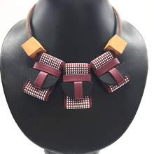 Pingente étnico feito a mão, quadrado, de madeira, vintage, moderno, colar de couro, jóias femininas 2024 - compre barato