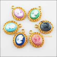 Fashion 12Pcs Gold Color Oval Beauty Mixed Resin Charms Pendants 13.5x18mm 2024 - buy cheap
