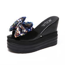 Summer new fashion thick-soled wedges slippers wild high-heeled butterfly machine sequins female slippers. 2024 - buy cheap