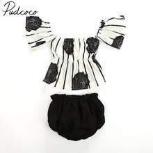 2018 Brand New Toddler Infant Newborn Baby Girl Kids Striped Clothes Flower Off Shoulder Tops Pants Bottoms Outfits 2Pcs Set 2024 - buy cheap