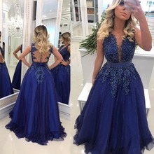 FATAPAESE A Line Royal Blue Prom Dresses Long 2019 Sexy Illusion Back Formal Party Dresses Tulle Evening Dresses 2024 - buy cheap