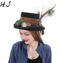 Sombrero de lana con tapa Steampunk para hombre y mujer, sombrero de lana negra de 13,5 CM con gafas hechas a mano, Sombrero estilo Steampunk 2024 - compra barato