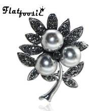 Flatfoosie Rhinestone Black Flower Leaf Brooches for Women Vintage Antique Tree Brooch Pin Simulated Pearl Plant Bouquet Broches 2024 - buy cheap