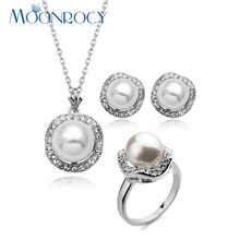 MOONROCY  Free Shipping Silver Color Fashion Imitation Pearl Crystal Necklace Earrings and Ring Jewelry Set for Women 2024 - buy cheap