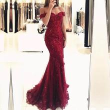 Dark Red Off The Shoulder Floor Length Mermaid Lace Applique Crystal Beaded Soft Tulle Evening Dresses Mermaid Party Gowns Cheap 2024 - buy cheap