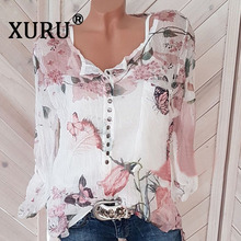 Xuru, camisa feminina de manga comprida com estampa, gola v, botão, camisa de chiffon 2024 - compre barato