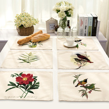 Nordic Wind Cotton Linen Western Food Mat Simple Plant Flower and Bird Print Placemat Home Kitchen Cutlery Coaster Decoration 2024 - buy cheap