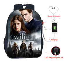 Crepúsculo carga usb saco estudantes escola mochila bonito carregamento usb sacos de escola edward cullen mochila diária para meninos meninas 2024 - compre barato