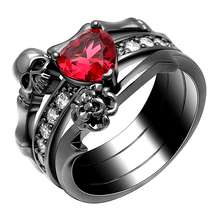 Gótico crânio dedo preto ouro cor anéis de casamento conjuntos para mulher menina coração vermelho cz rosa flor na moda jóias presente anéis 2024 - compre barato