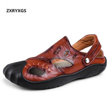 2021 New Summer Men Sandals Casual Shoes Hole Genuine Leather Shoes Baotou Fashion Sandals Sneakers Men Slippers Plus Size 38-46 2024 - buy cheap