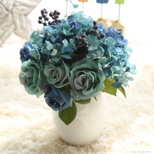 1 Bunch 6pcs Artificial Flowers Blue Rose Silk Flower Bouquet For Home Decoration Hydrangea Fake Flower With Plants Berry 2024 - buy cheap