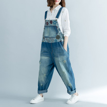 Women Scratched Bleached Ripped Holes Denim Jumpsuits Print Big Pocket Denim Overalls Striped Loose Rompers Jumpsuits 2018 2024 - buy cheap