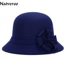 Naiveroo-gorros de lana de estilo británico para mujer, sombreros de lana con flores Vintage, sombrero de fieltro de lana de ala ancha con lazo, para invierno 2024 - compra barato